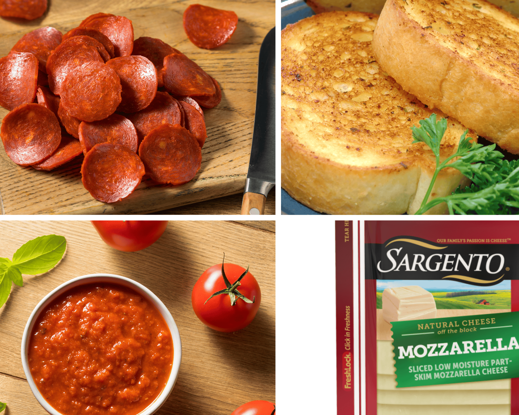ingredients including pepperoni, texas toast, mozzarella cheese slices, and pizza sauce.