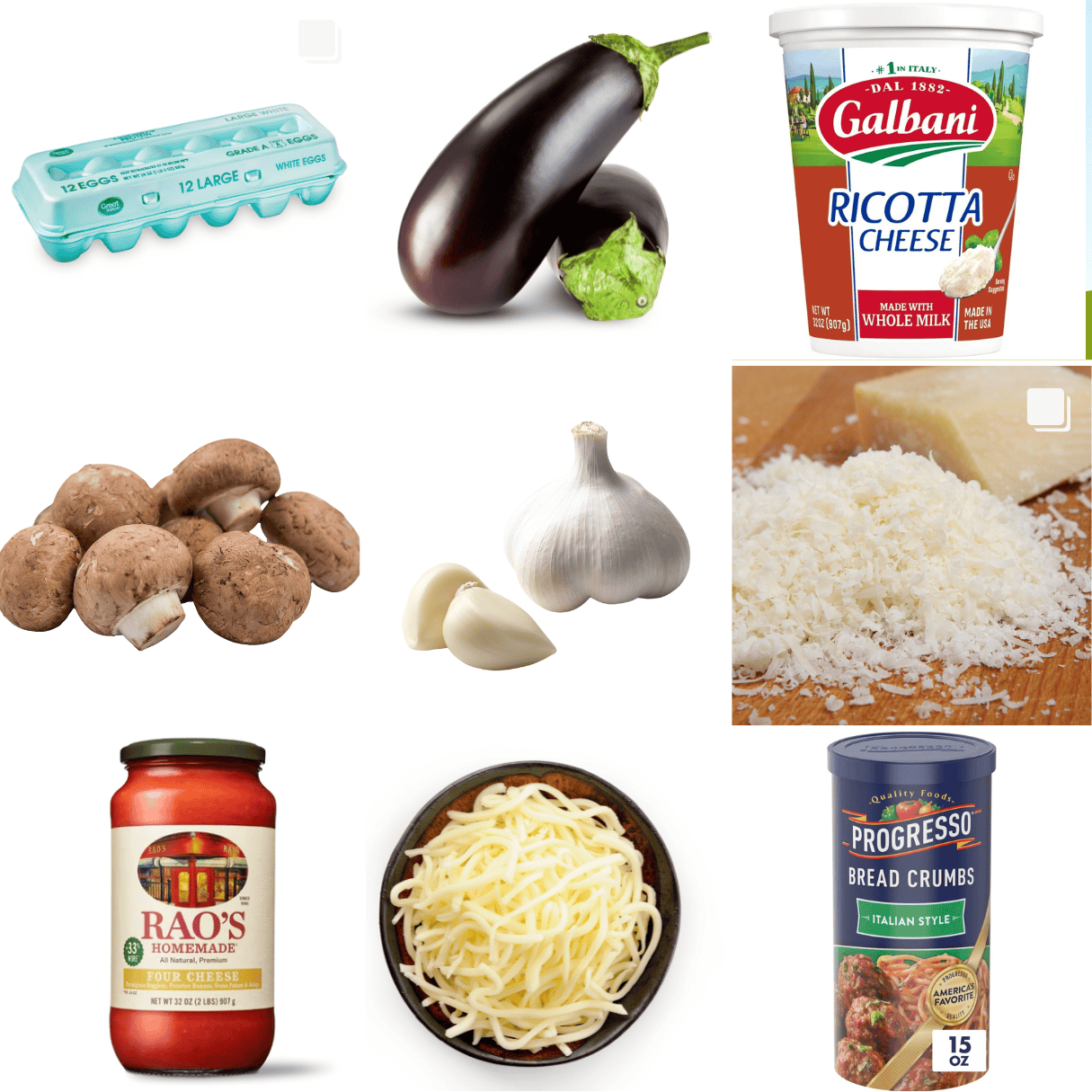 ingredients including eggs, eggplant, ricotta cheese, mushrooms, garlic, pasta sauce, breadcrumbs, and parmesan and mozzarella cheeses. 