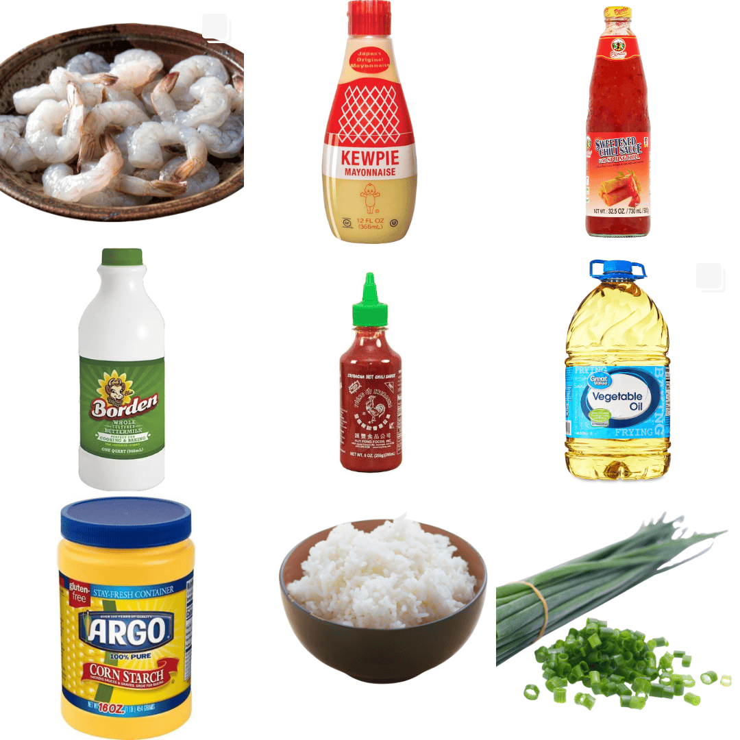 ingredients including shrimp, kewpie mayonnaise, sweet chili sauce, buttermilk, sriracha, oil, and cornstarch. 
