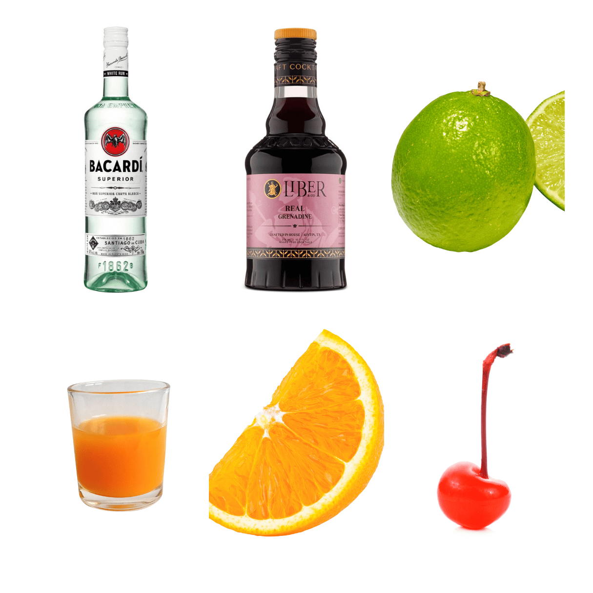ingredients including white rum, grenadine, lime and ,orange juice, 