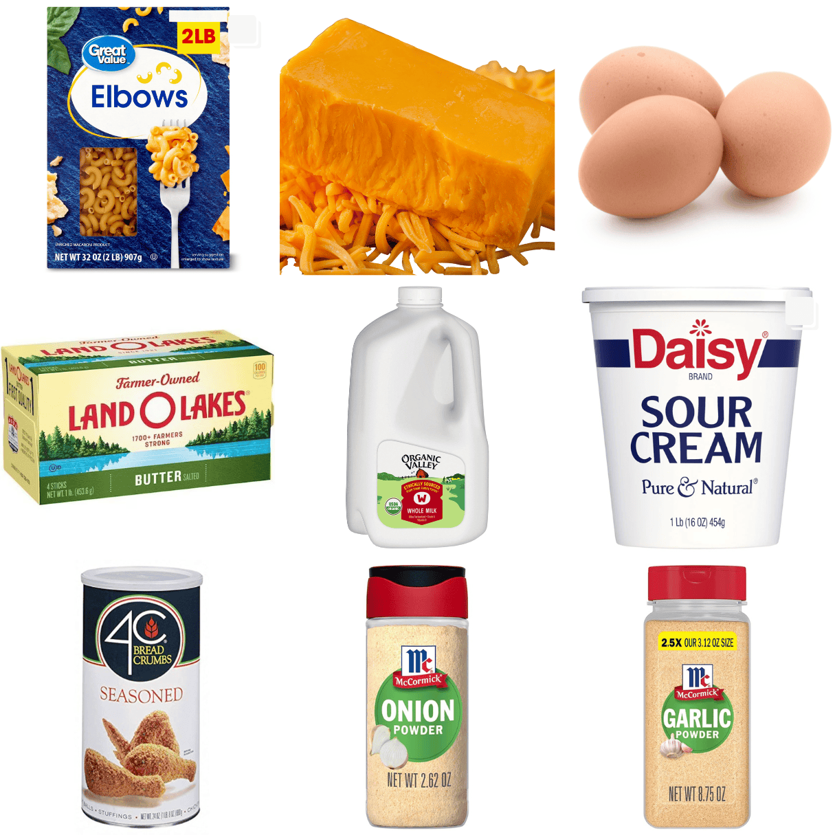 ingredients including elbow macaroni, sharp cheddar cheese, eggs, butter, sour cream, and breadcrumbs. 