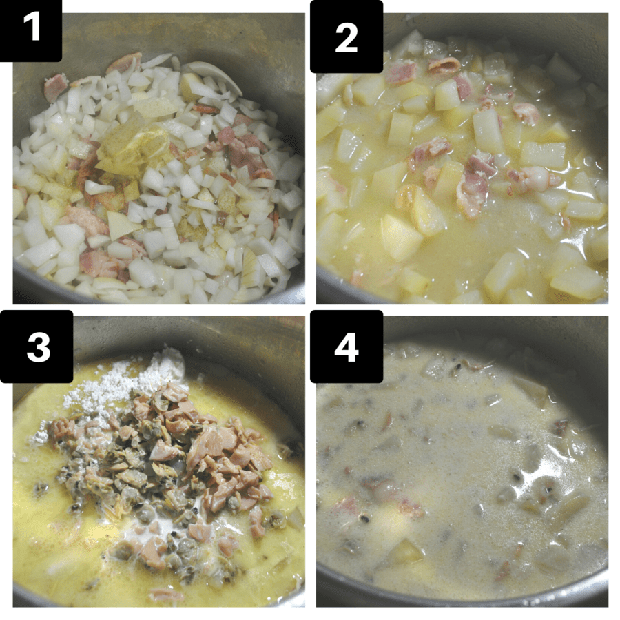a collage of 4 images showing the steps to make clam chowder in the Instant Pot.