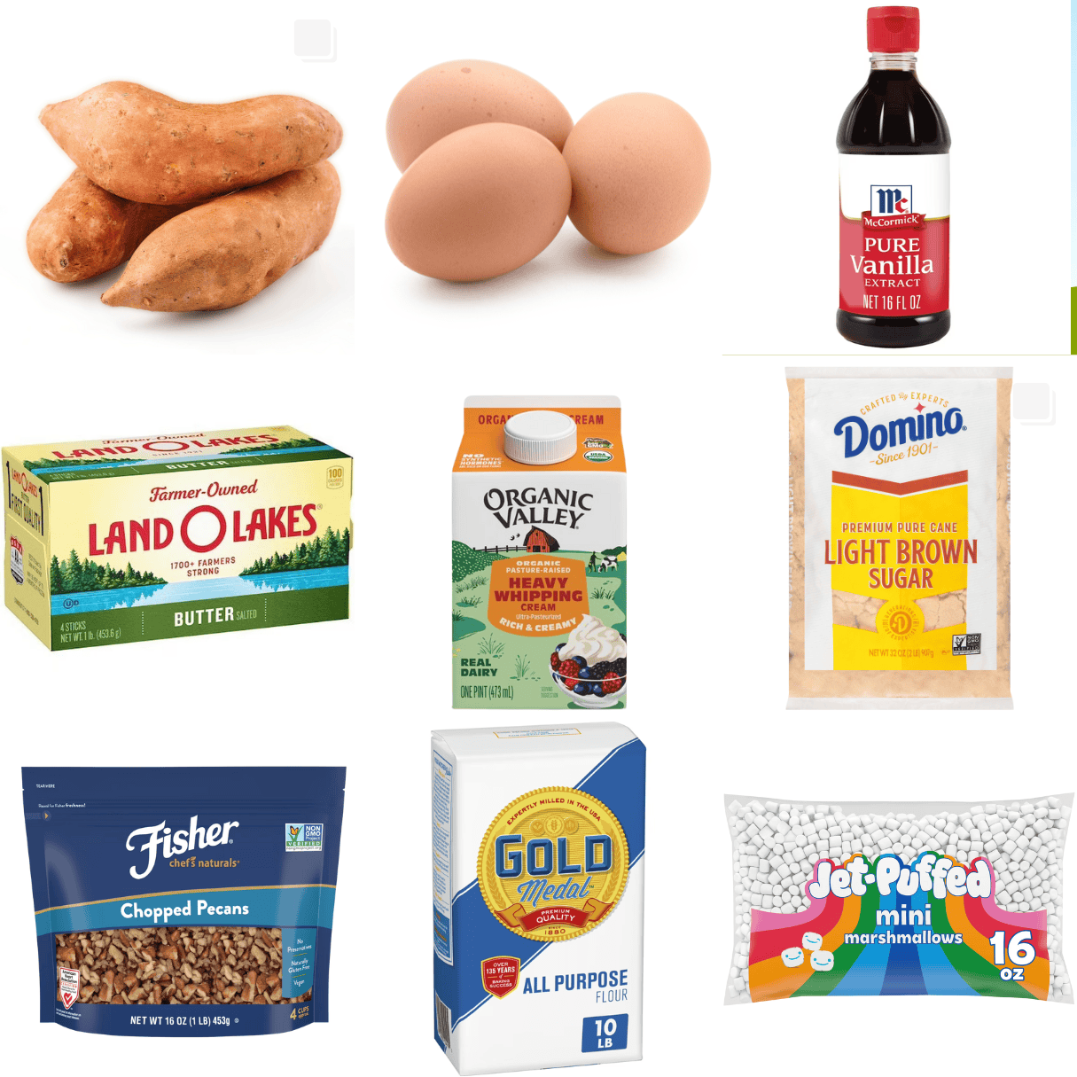 ingredients including sweet potatoes, eggs, vanilla, butter, heavy cream, brown sugar, pecans, flour, and mini marshmallows. 