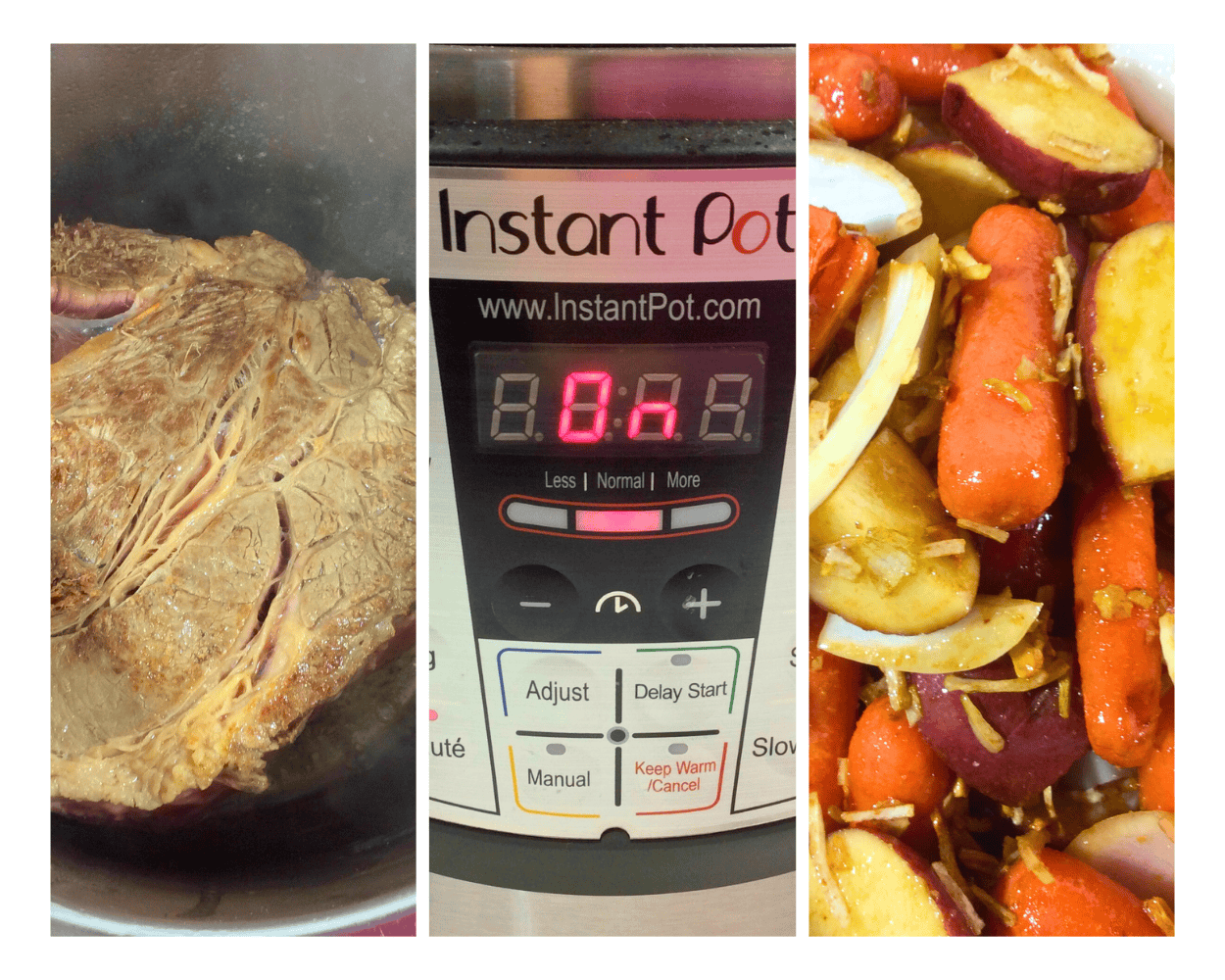 a 4 image collage showing how to sear and cook and Instant pot beef roast.