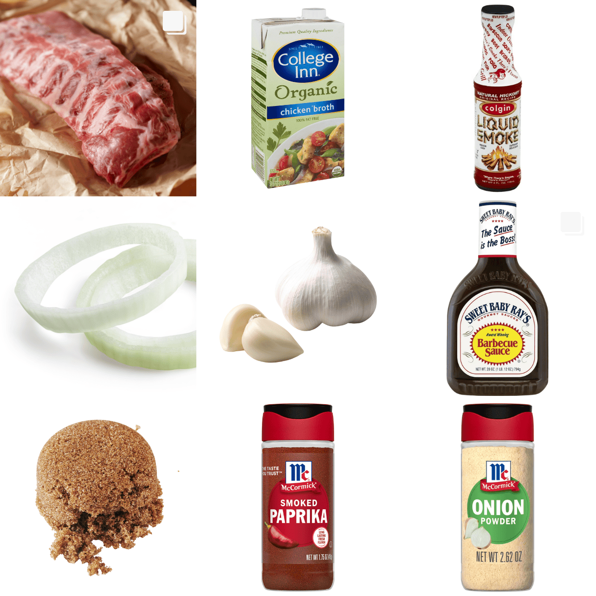 ingredients including baby back ribs, liquid smoke, onion, garlic, BBQ sauce, brown sugar, smoke paprika, and onion powder.