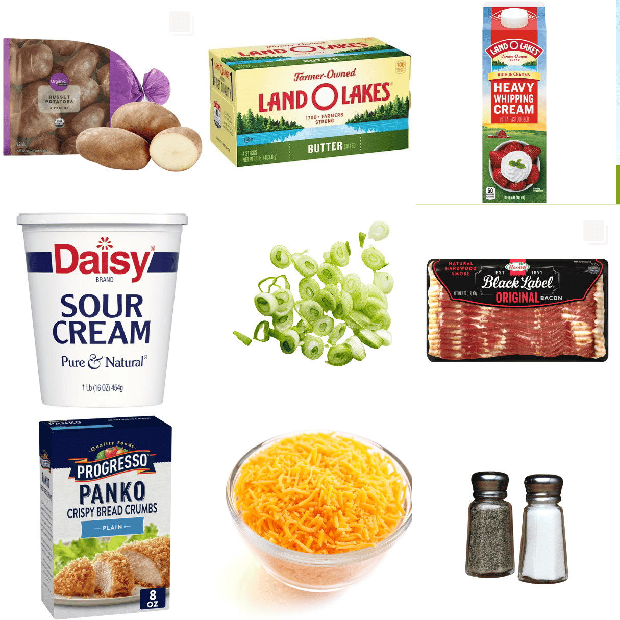 ingredients including russet potatoes, butter, heavy cream, sour cream, bacon, panko, and shredded cheese.