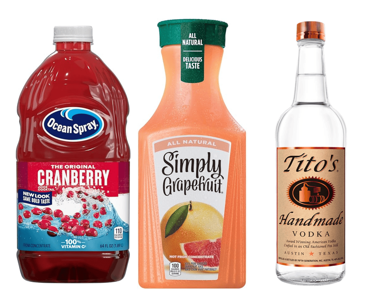 ingredients including cranberry juice, grapefruit juice, and Tito's vodka.