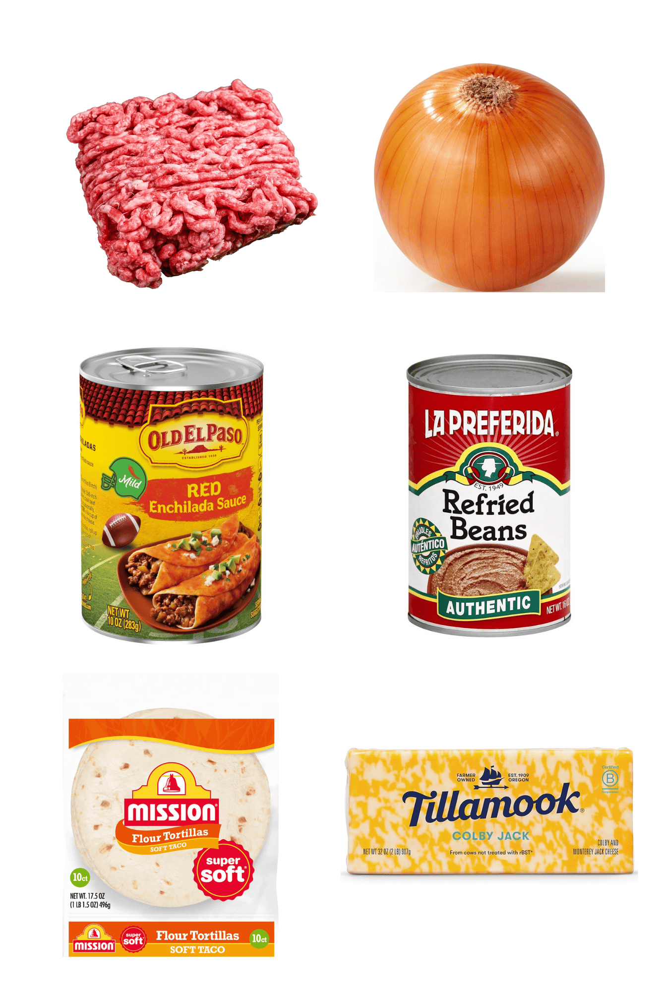 ingredients including ground beef, onion, enchilada sauce, refried beans, flour tortillas, and cheese.
