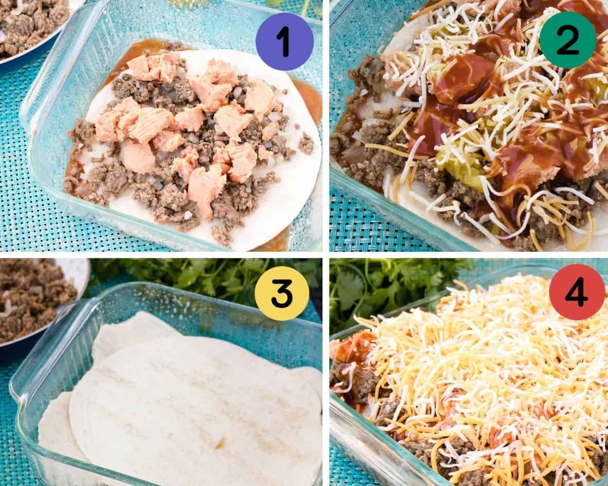 4 images showing how to layer tortillas, ground beef, beans, cheese, and enchilada sauce in a 9x9 pan.