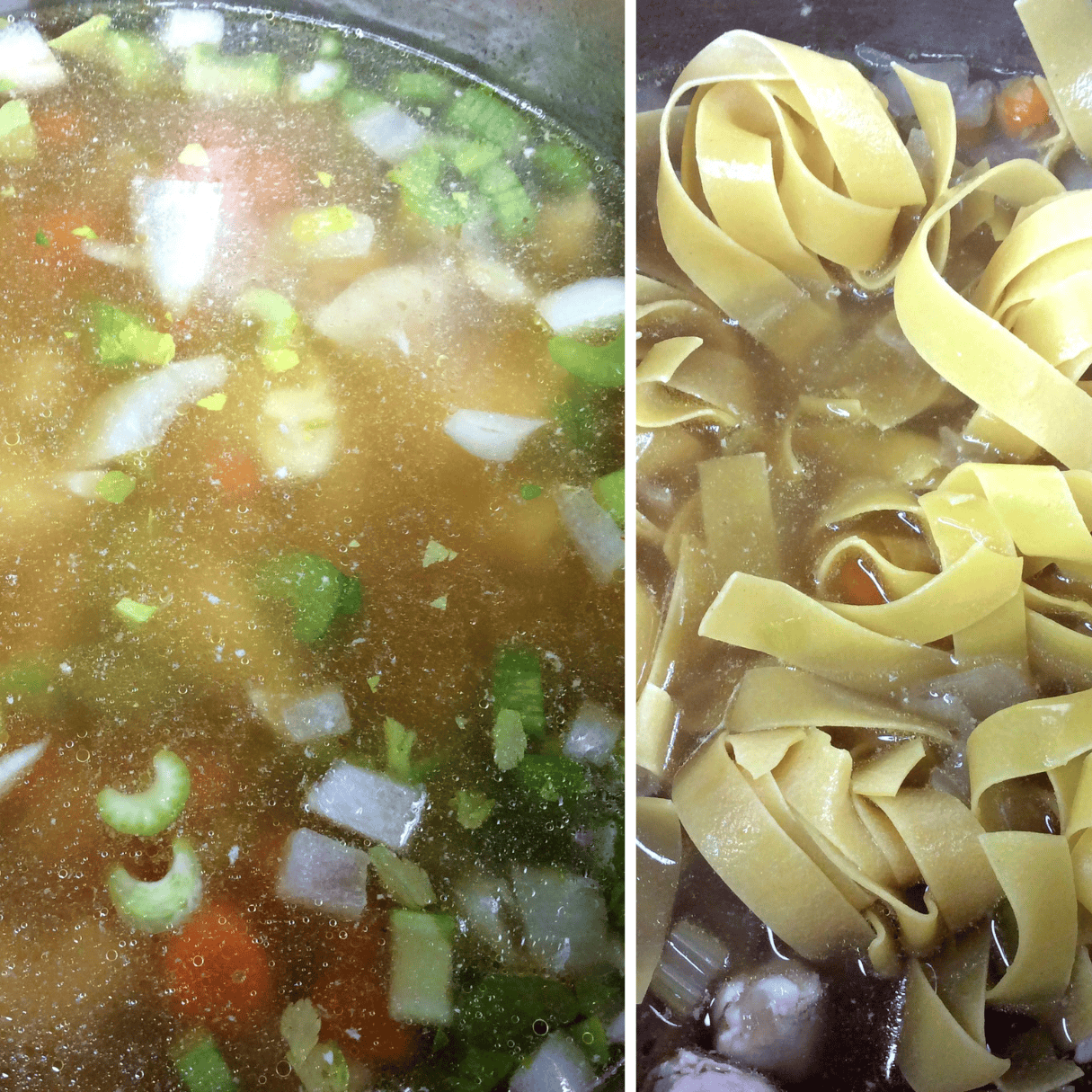 a collage showing broth and noodles for chicken soup in the Instant Pot.