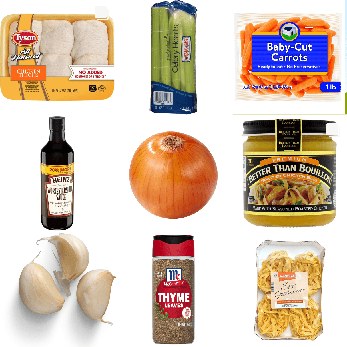 ingredients including chicken thighs, celery, carrots, Worcestershire sauce, onion, garlic, 
Better Than Bouillon, and egg noodles.