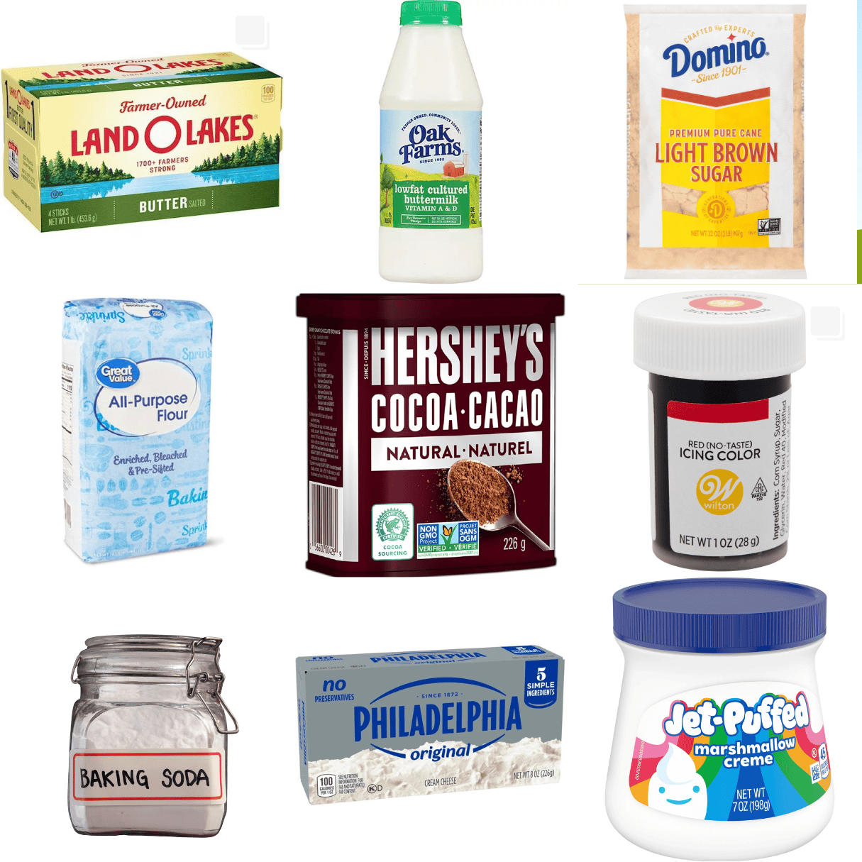 ingredients including butter, buttermilk, brown sugar, flour, cocoa powder, food coloring, cream cheese, and marshmallow fluff.