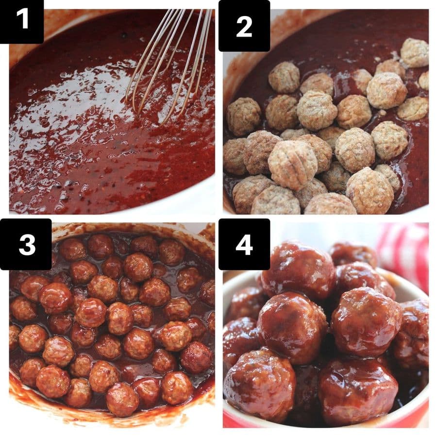 a four image collage showing how to make grape jelly meatballs in the crock pot.
