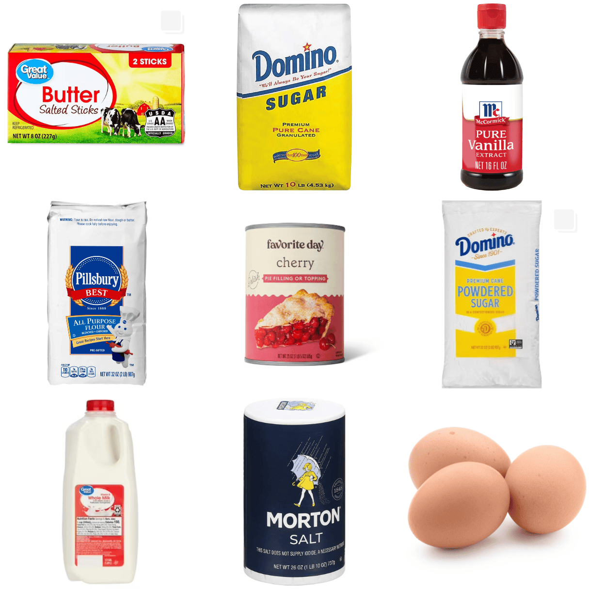 ingredients including butter, white sugar, vanilla, flour, cherry pie filling, powdered sugar, and eggs. 