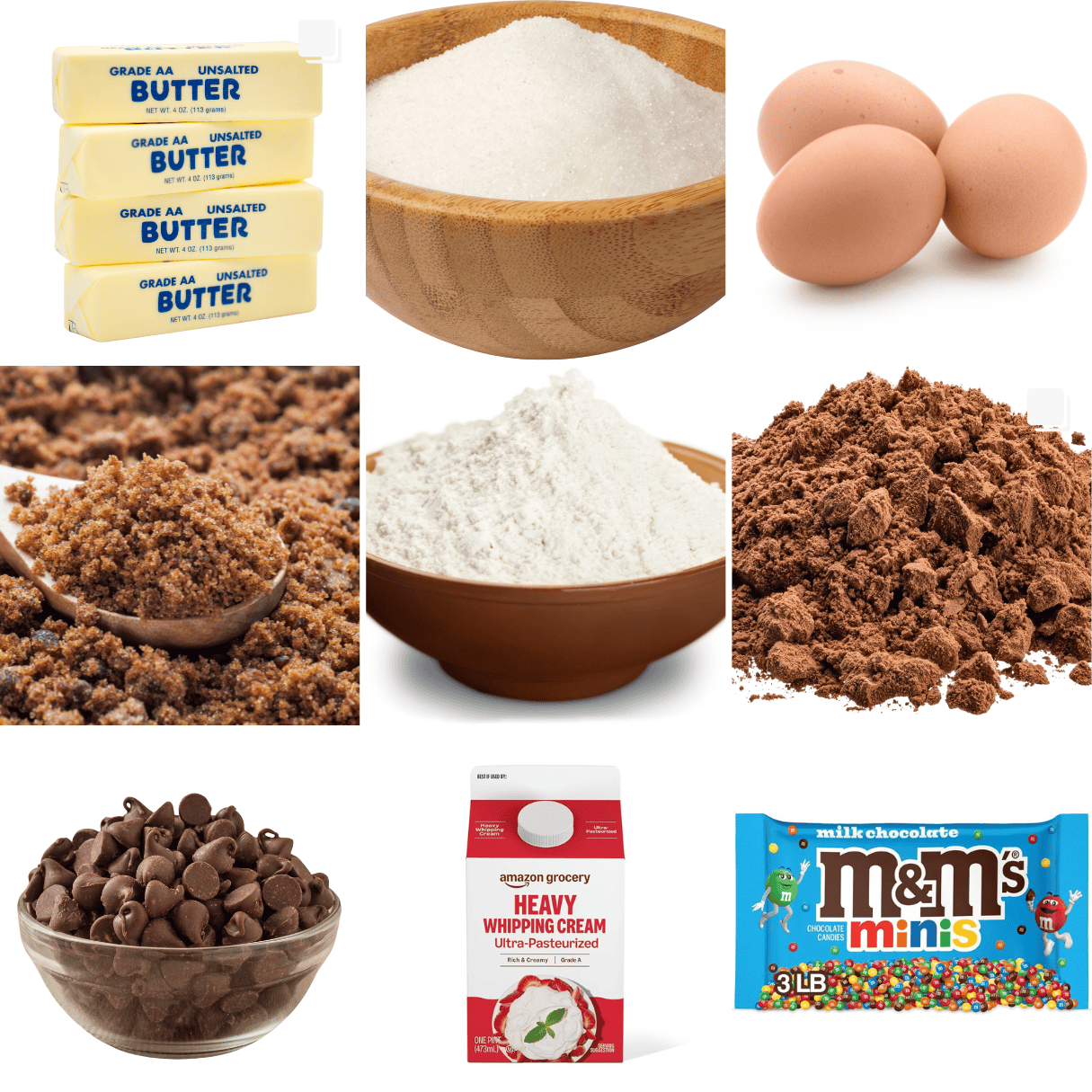 ingredients including butter, sugar, eggs, flour, brown sugar, cocoa powder, chocolate chips, and mini m&ms. 