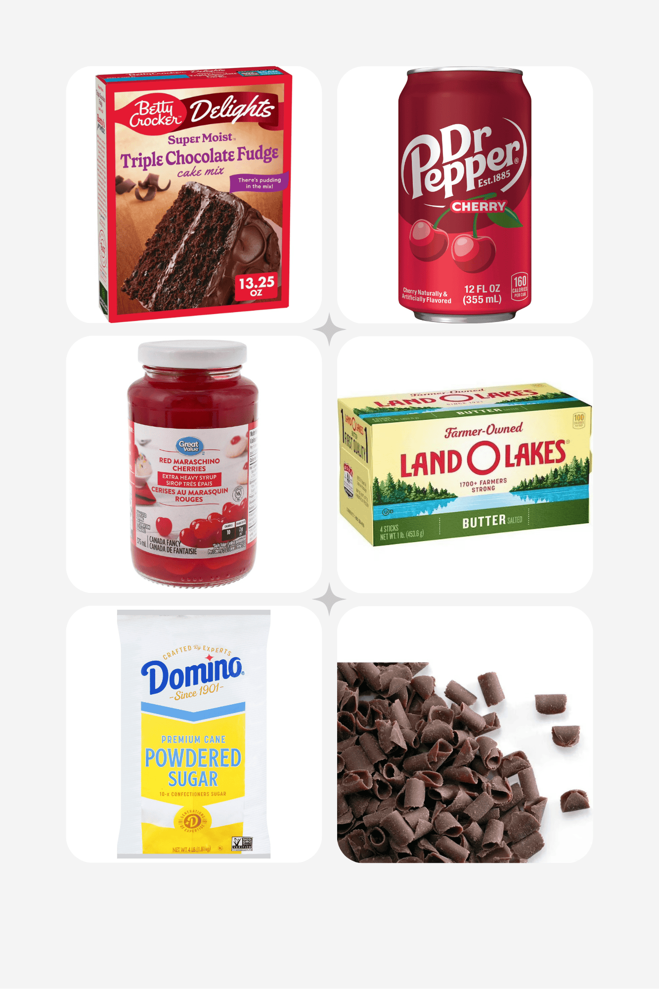 ingredients including chocolate cake mix, dr pepper, maraschino cherries, butter, powdered sugar, and chocolate curls. 