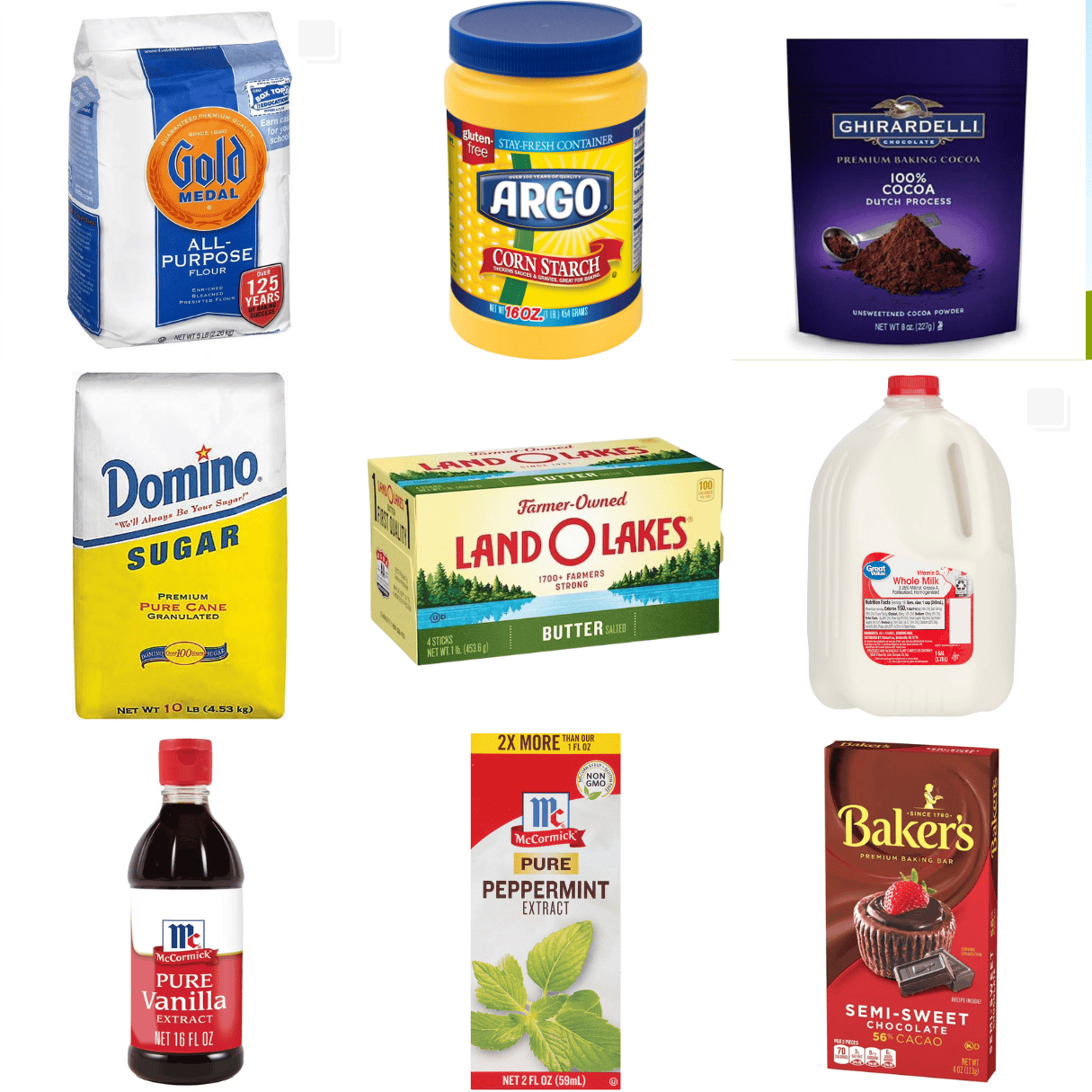 ingredients including flour, cornstarch, cocoa powder, sugar, butter, milk, vanilla, peppermint extract, and a baking chocolate bar.