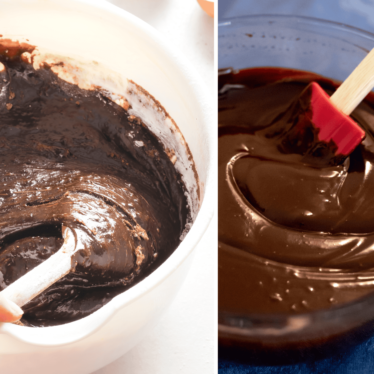 a collage showing mixing brownie batter and mixing chocolate ganache. 