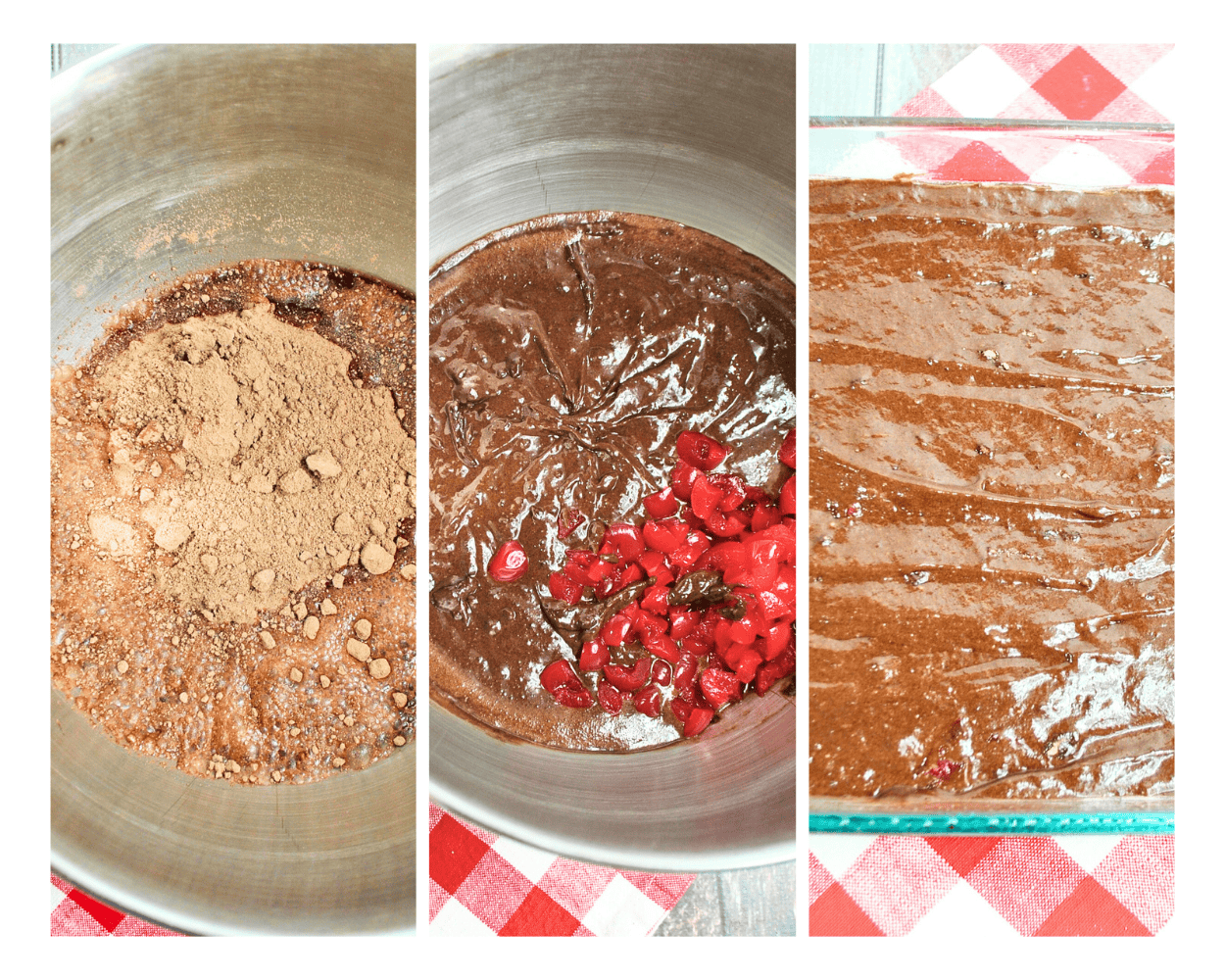 a 3 image collage showing up to make the batter for a chocolate cherry dr. pepper cake.