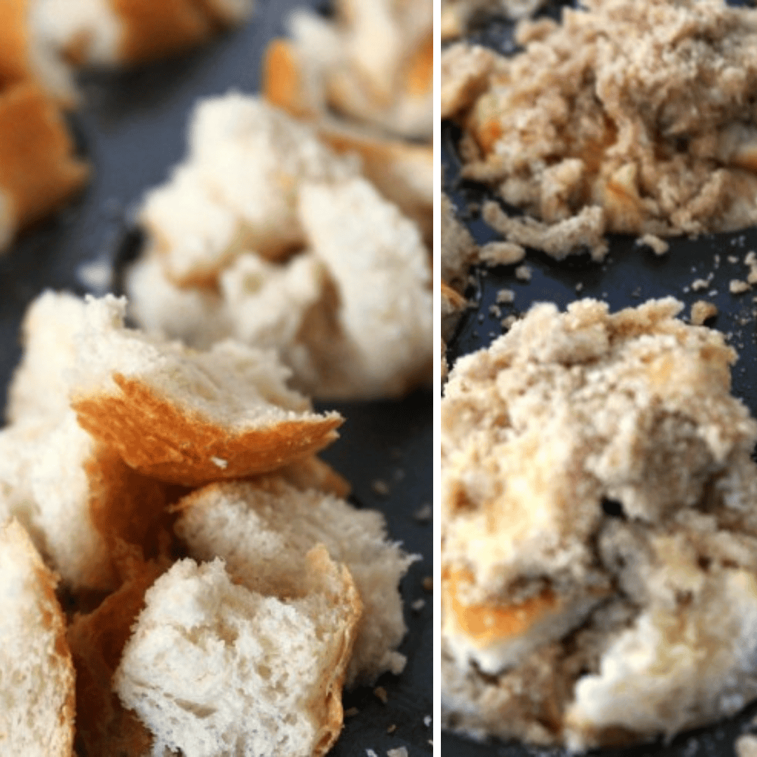 a collage showing bread cubes and uncooked cinnamon french toast muffins.