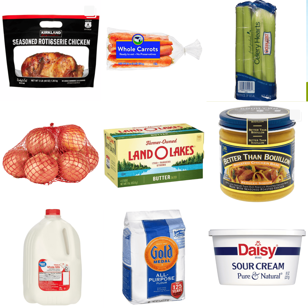 ingredients including rotisserie chicken, carrots, celery, onion, butter, better than bouillon, milk, flour, and sour cream.