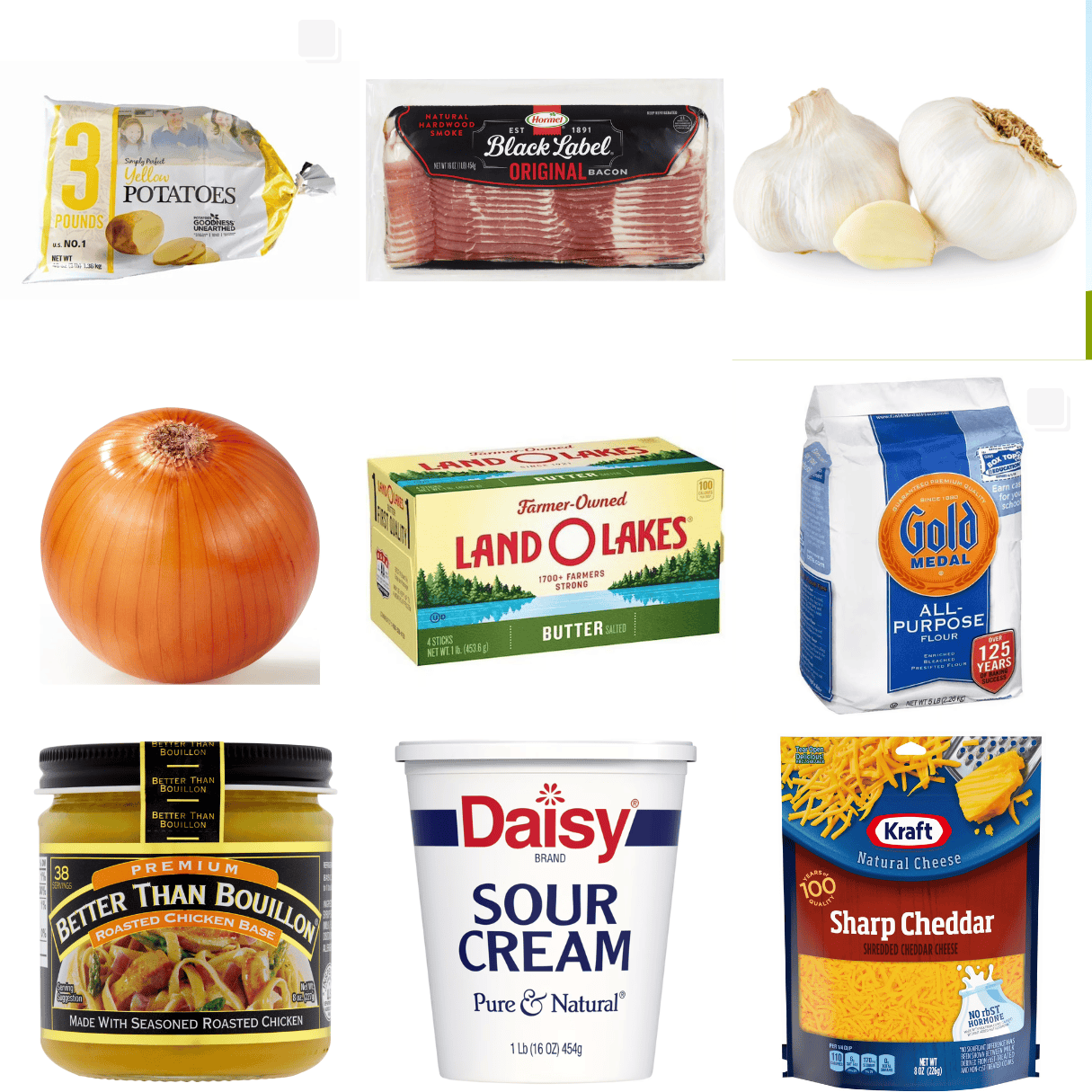 ingredients including Yukon gold potatoes, bacon, garlic, onion, butter, flour, better than bouillon, sour cream, and cheese.