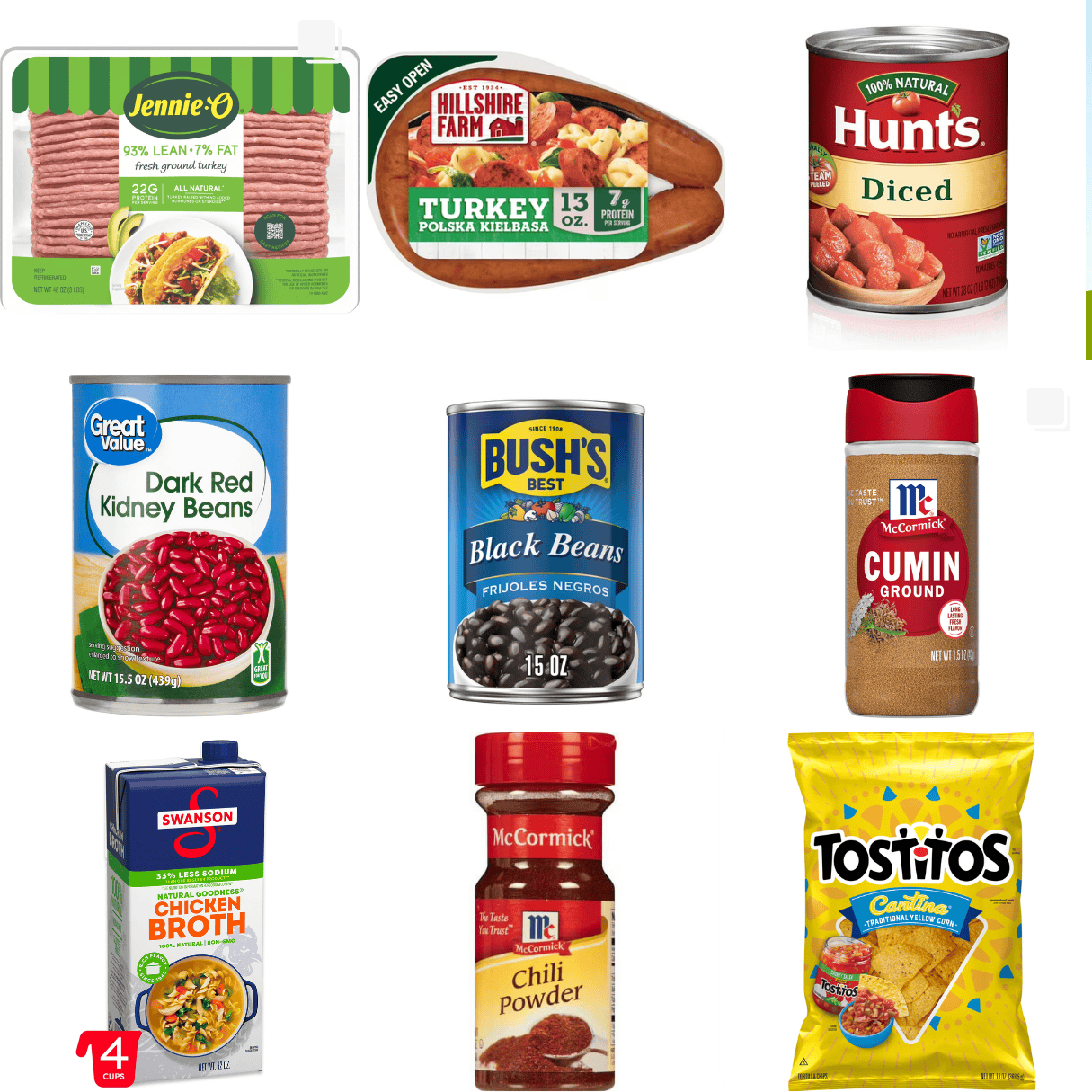 ingredients including ground turkey, turkey kielbasa, canned tomatoes, canned beans, chili powder, chicken broth, and tortilla chips