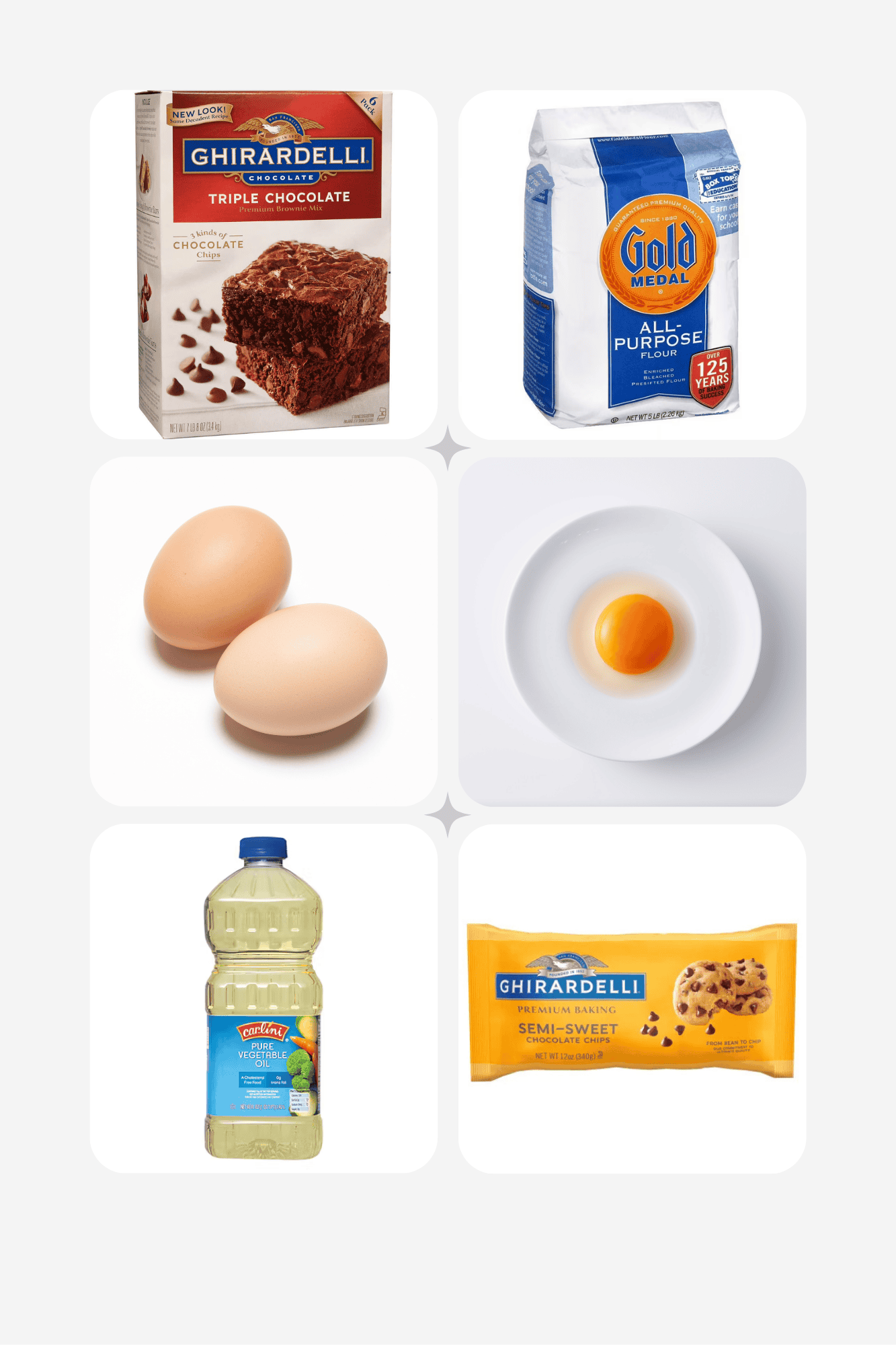 ingredients including brownie mix, flour, eggs, egg yolk, vegetable oil, and chocolate chips.
