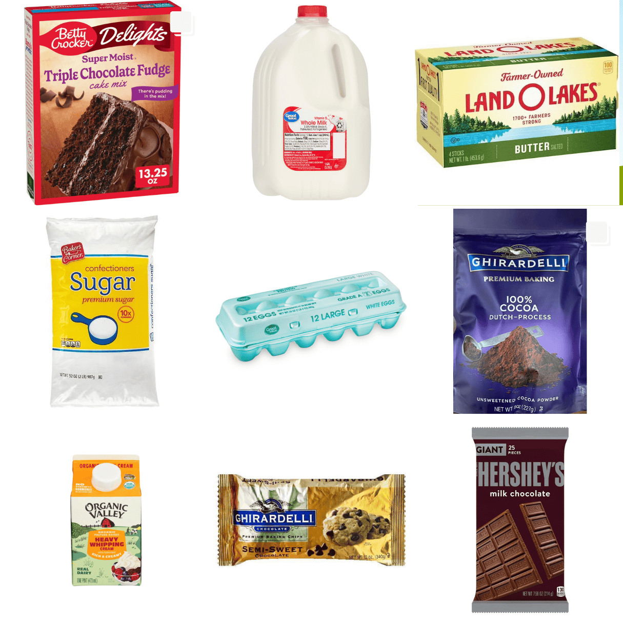 ingredients including chocolate cake mix, milk, butter, powdered sugar, eggs, cocoa powder, heavy cream, ad chocolate chips.
