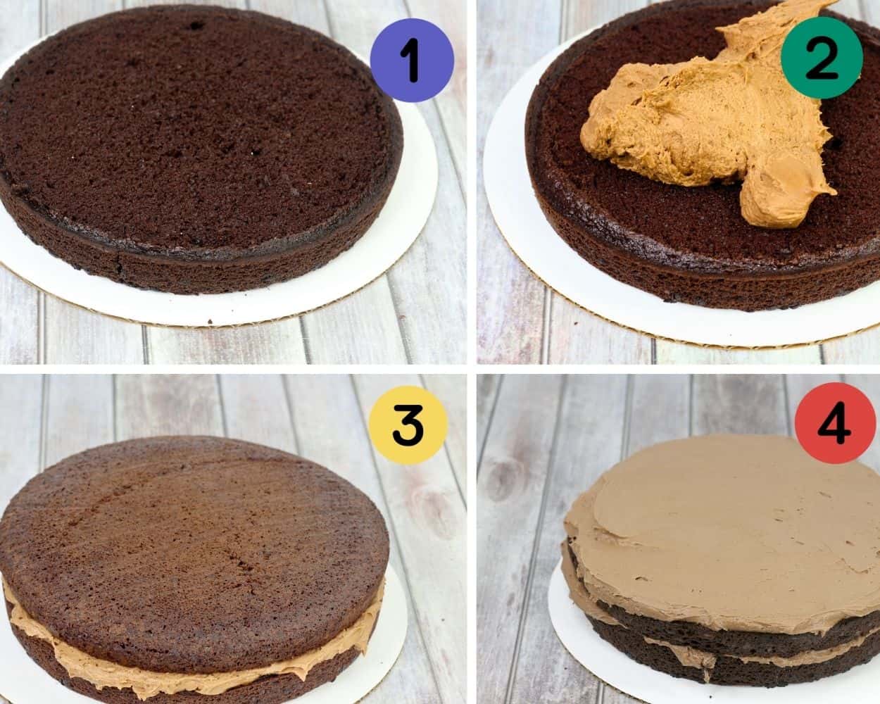 a 4 image collage showing how to layer and frost chocolate cake with chocolate buttercream.