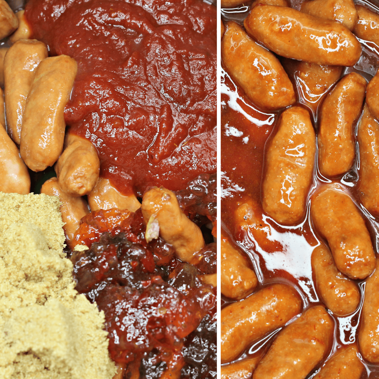 an image showing ingredients before ad after mixing with little smokies in a slow cooker.