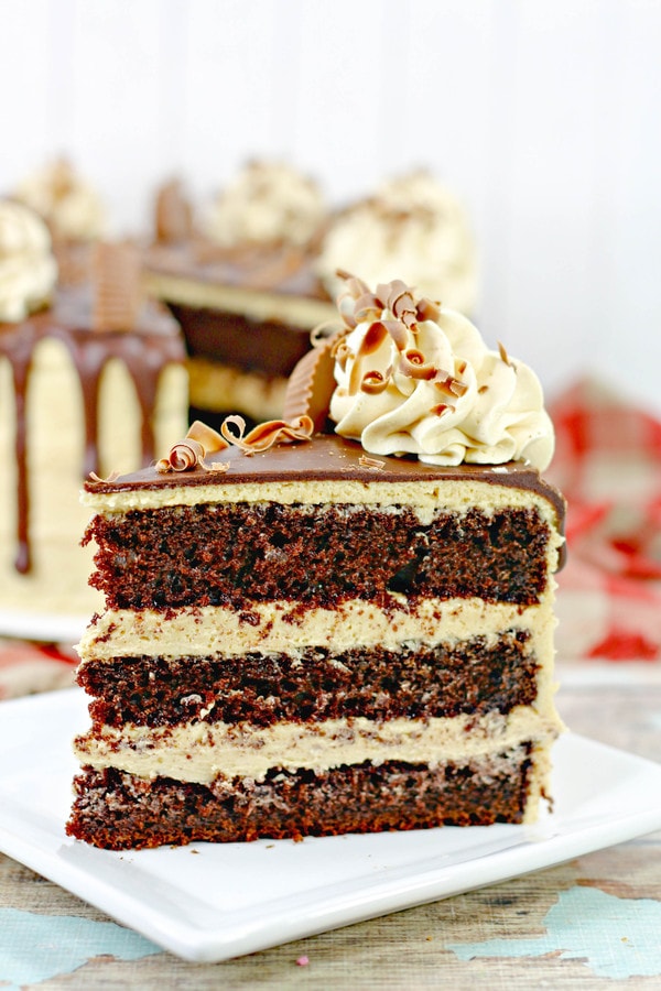 a three layer slice of chocolate cake with peanut butter frosting and garnished with a peanut butter cup.