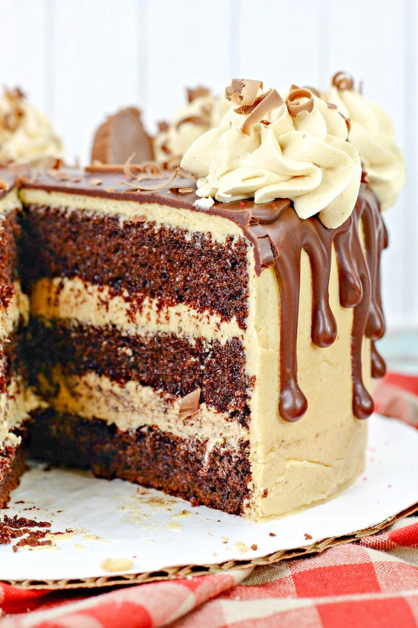 a Reese's cake with a slice cut out of it to reveal three layers of chocolate cake with peanut butter frosting.