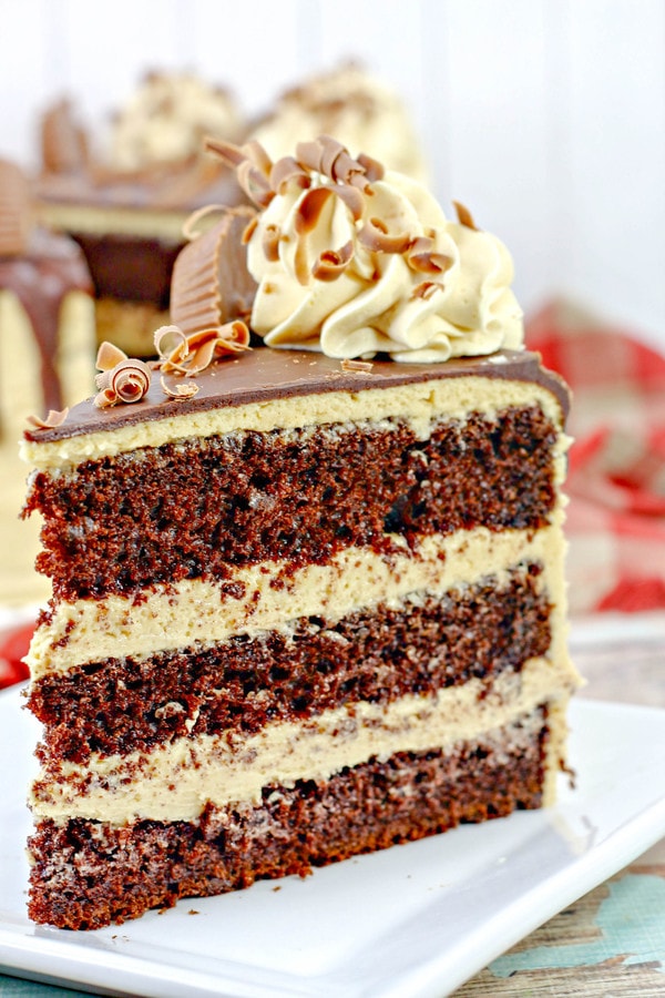 reese's peanut butter cake with chocolate ganache and chocolate curls.