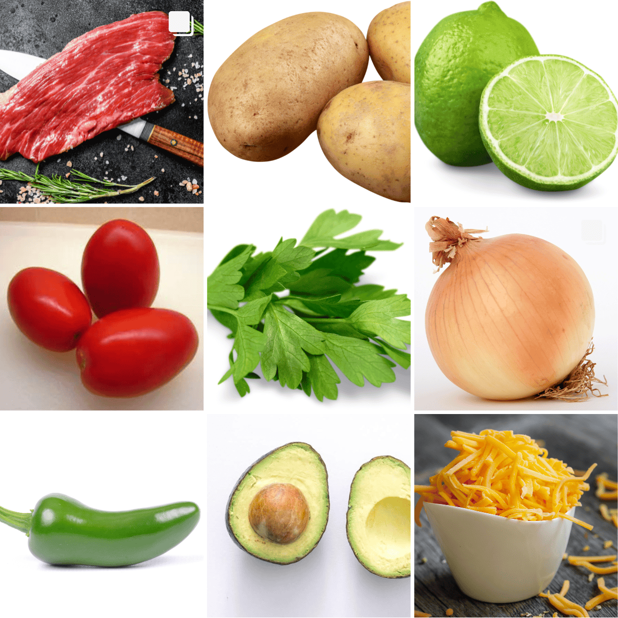 ingredients including flank steak, potatoes, lime, tomatoes, avocado, and jalapeno. 