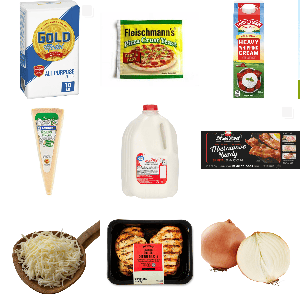 ingredients including flour, pizza yeast,  heavy cream, parmesan, mozzarella, bacon, milk, chicken and onion.