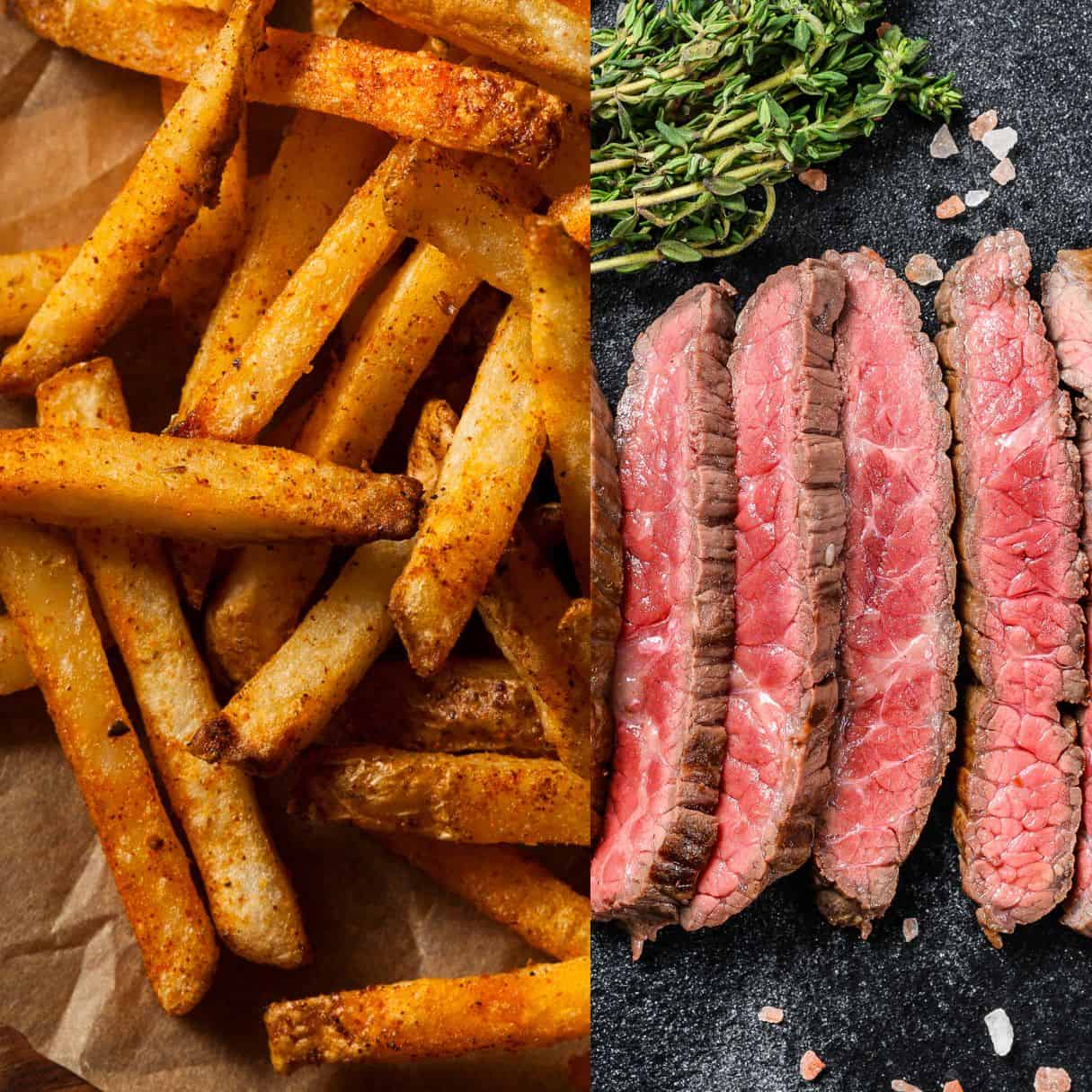 homemade seasoned fries on the left and medium rare carne asada steak on the left. 