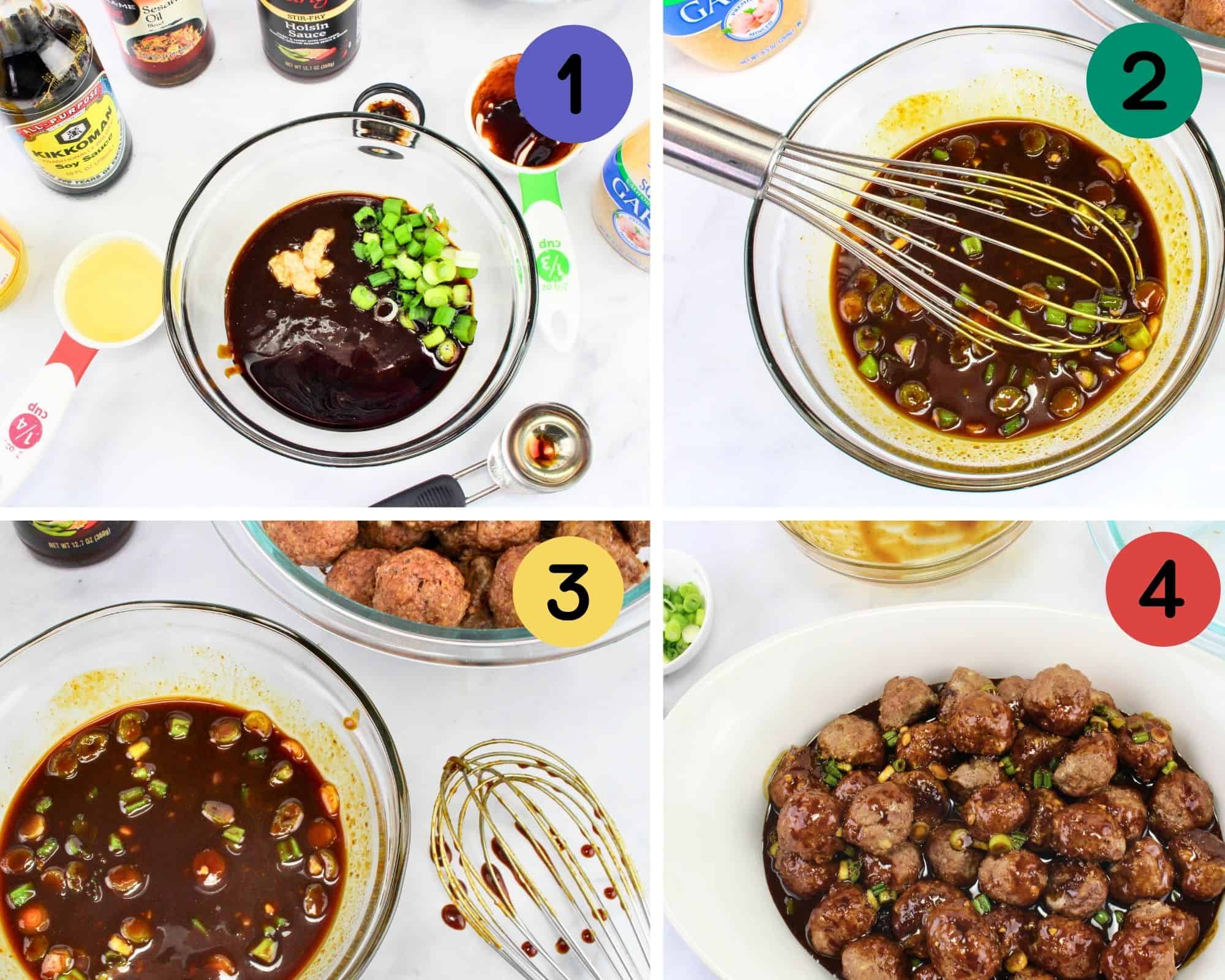 a 4 image collage showing how to mix and make asian meatballs in the crock pot.