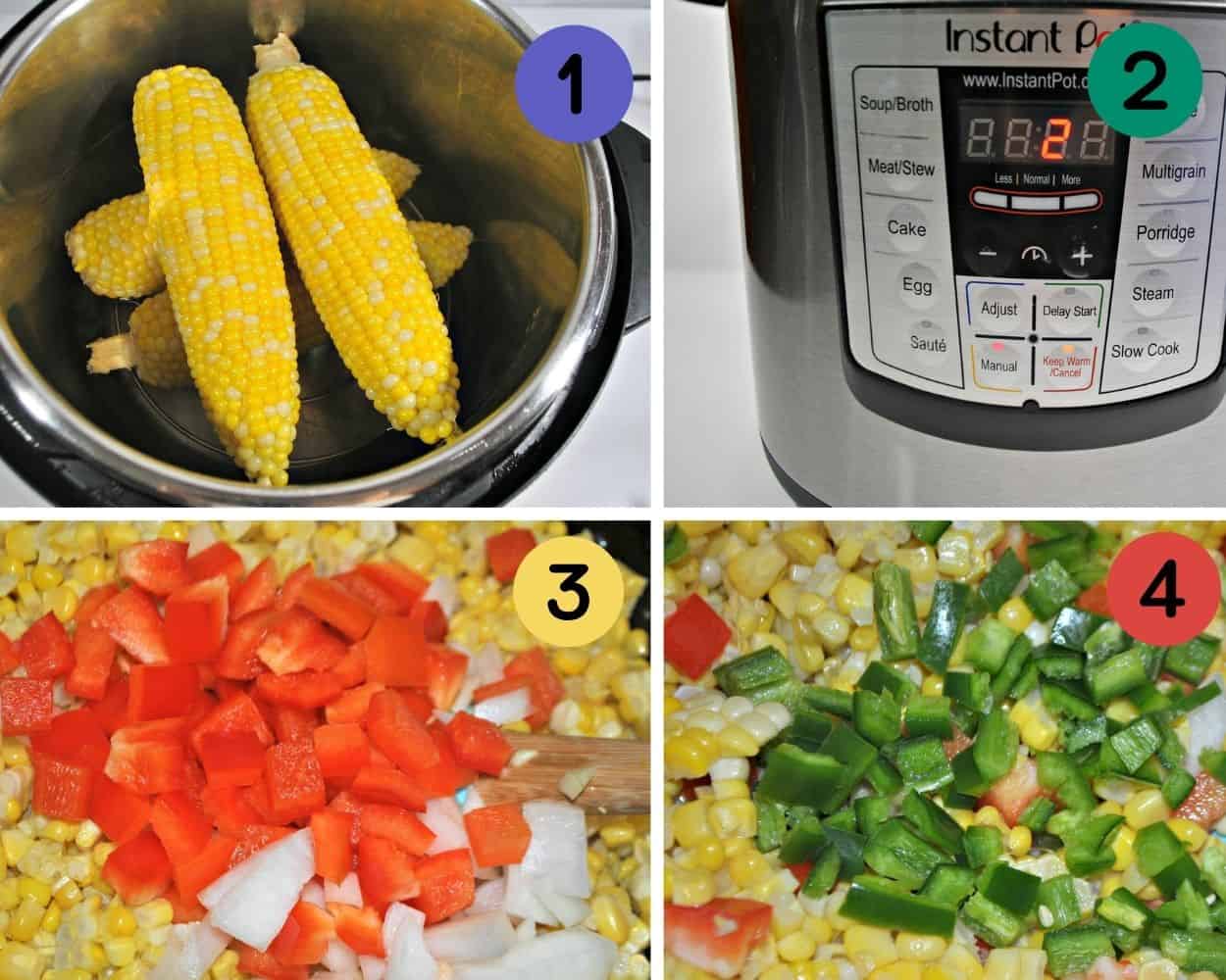 a 4 image collage showing cooking corn in the instant pot, and sautéing onion, pepper, and jalapeno.