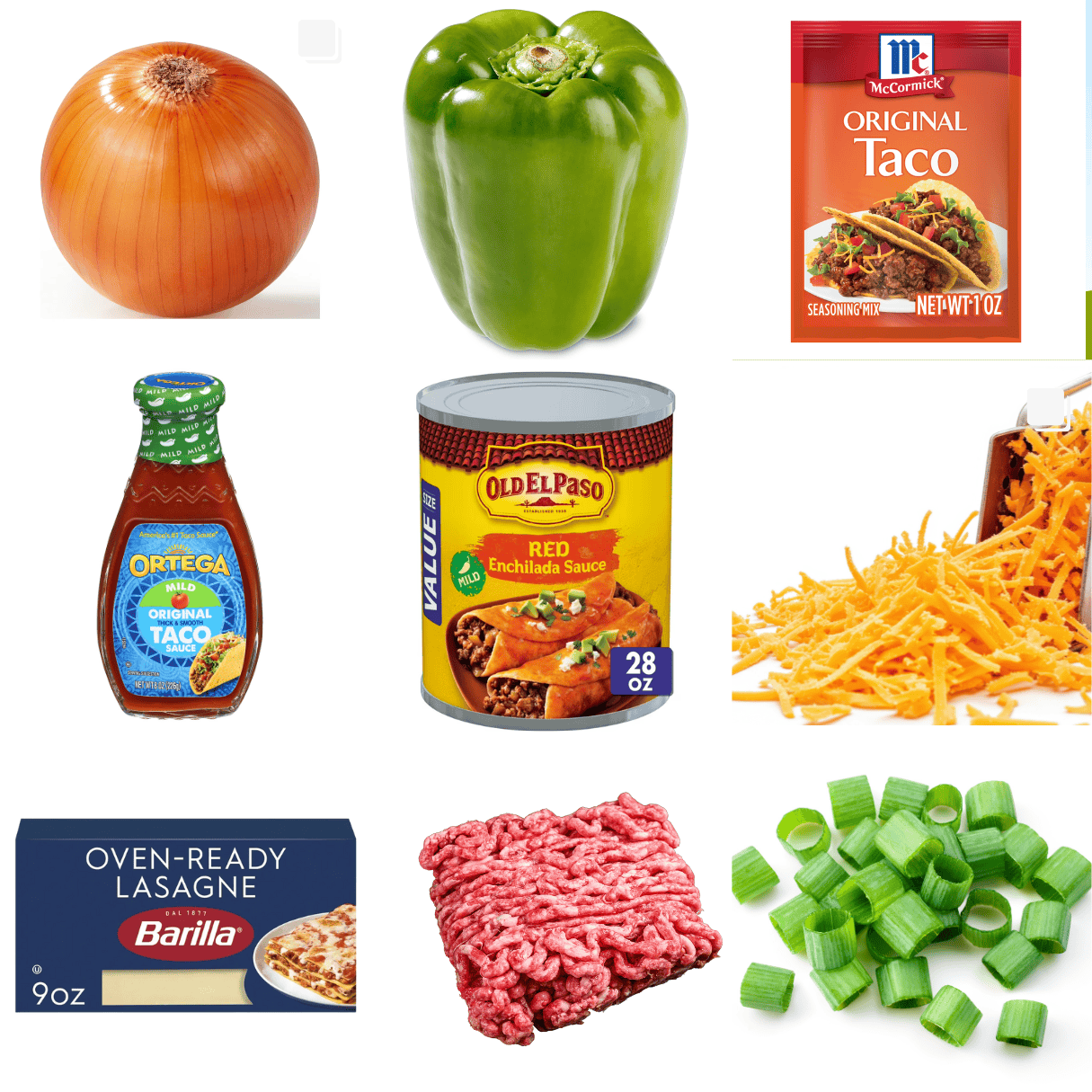 ingredients including ground beef, no boil lasagna noodles, onion, bell pepper, taco seasoning, taco sauce, and cheese.