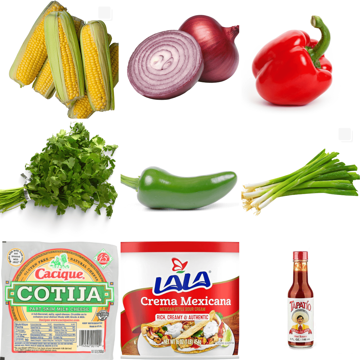 ingredients including corn on the cob, onion, bell pepper, cilantro, jalapeno, cotija cheese, Mexican crema, and tapatio.