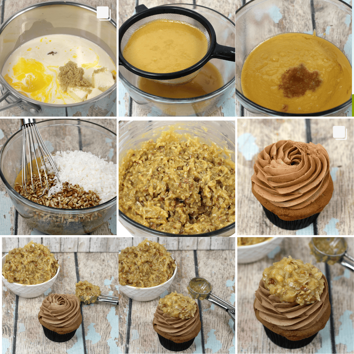 a 9 image collage showing how to make coconut pecan custard and add it to German Chocolate cupcakes.