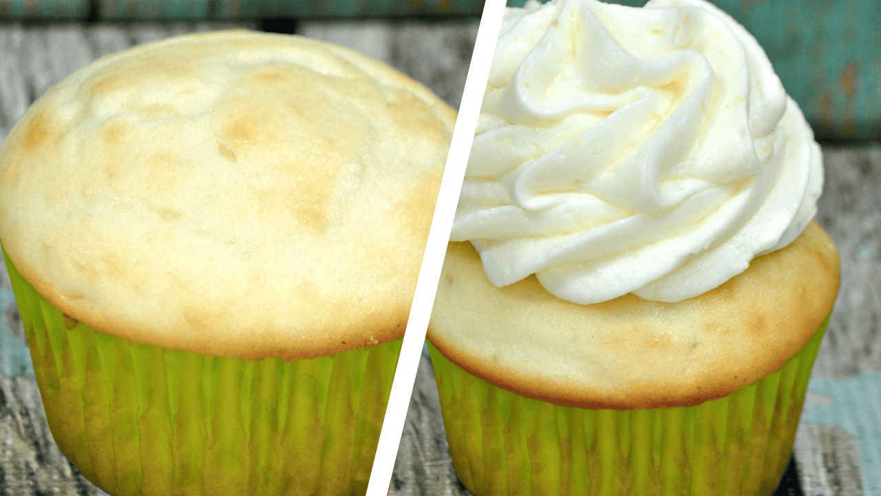 an image showing one unfrosted and one frosted cupcake with buttercream. 