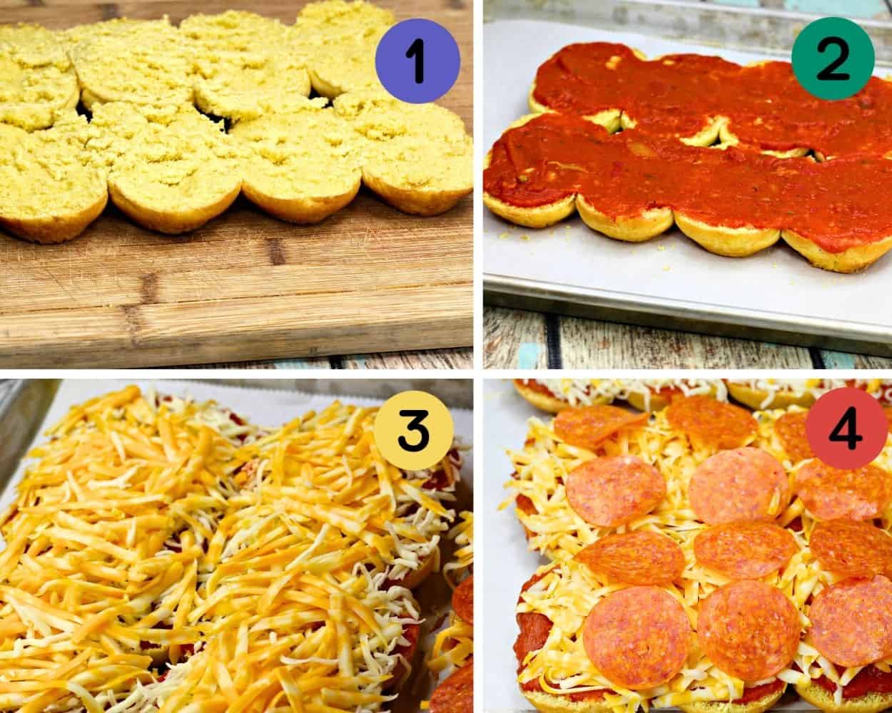 a 4 image collage showing up to assemble pepperoni pizza sliders with sauce and cheese. 
