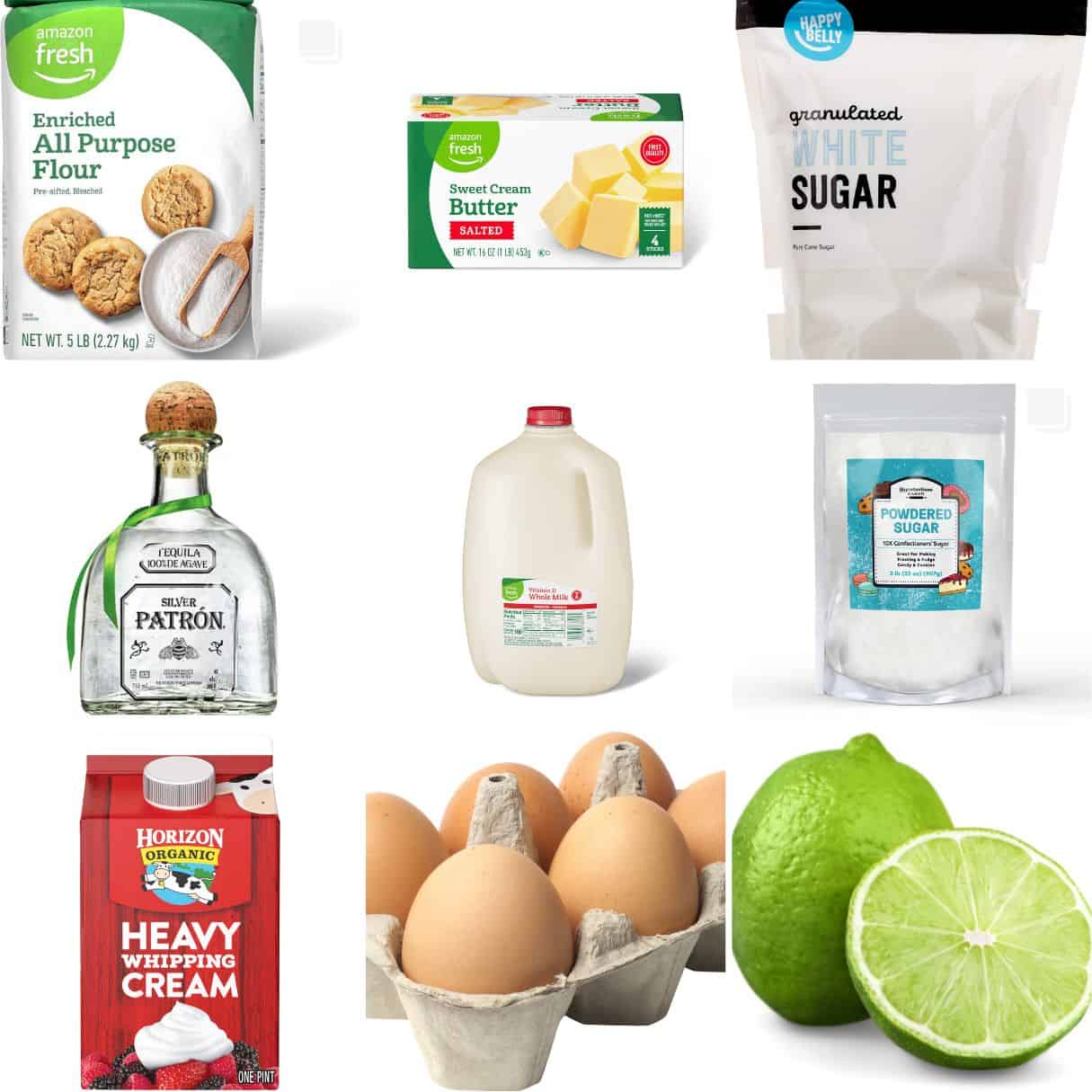 ingredients including flour, butter, tequila, milk, sugar, eggs, and lime. 