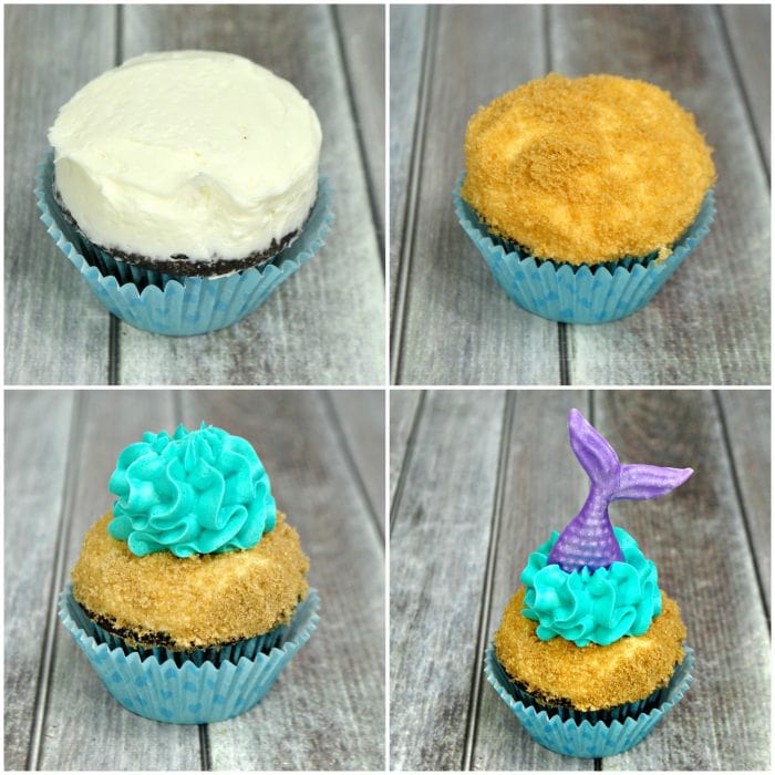 a four image collage showing how to decorate mermaid tail cupcakes with blue frosting.