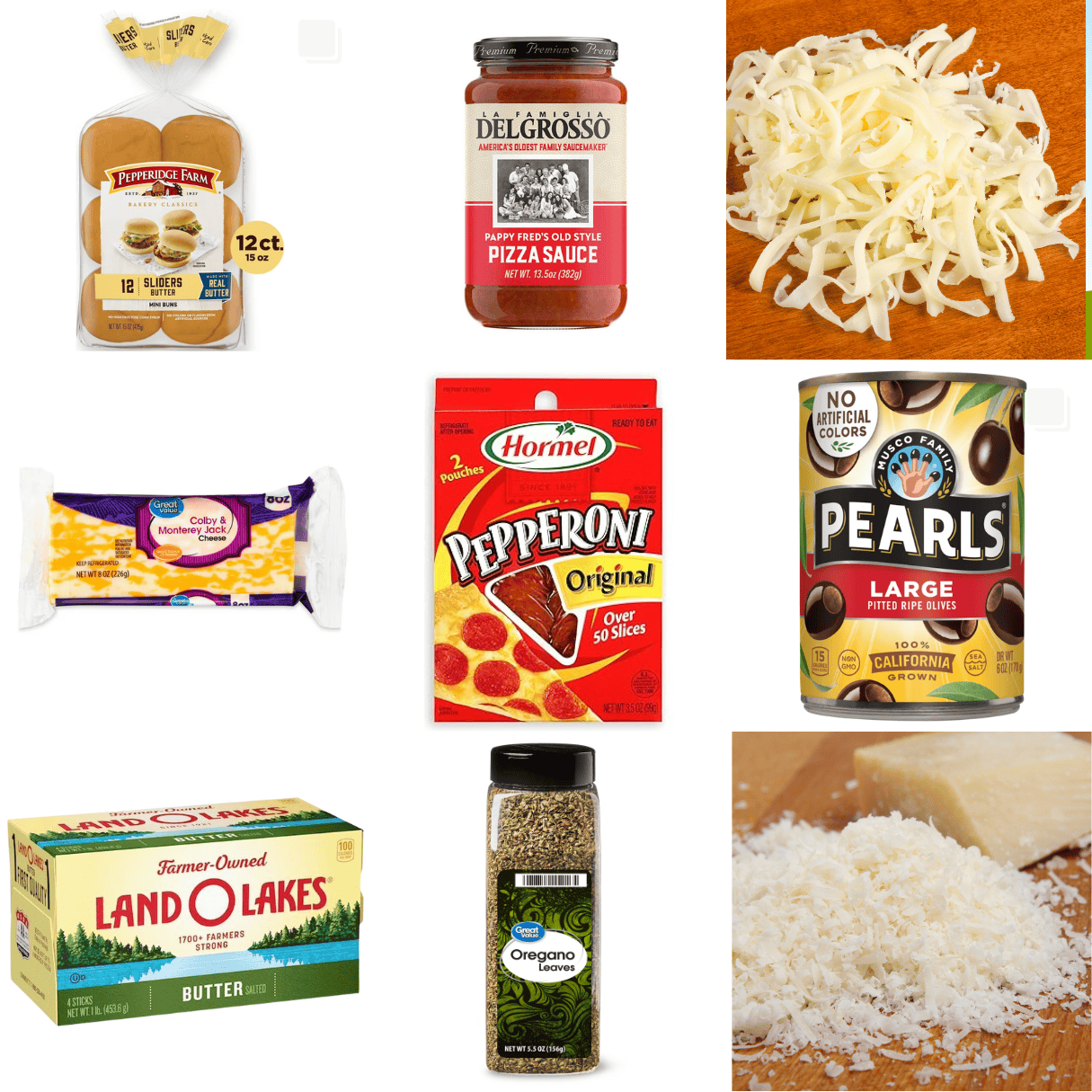 ingredients including slider buns, pizza sauce, pepperoni, cheese, black olives, butter, oregano, and parmesan.