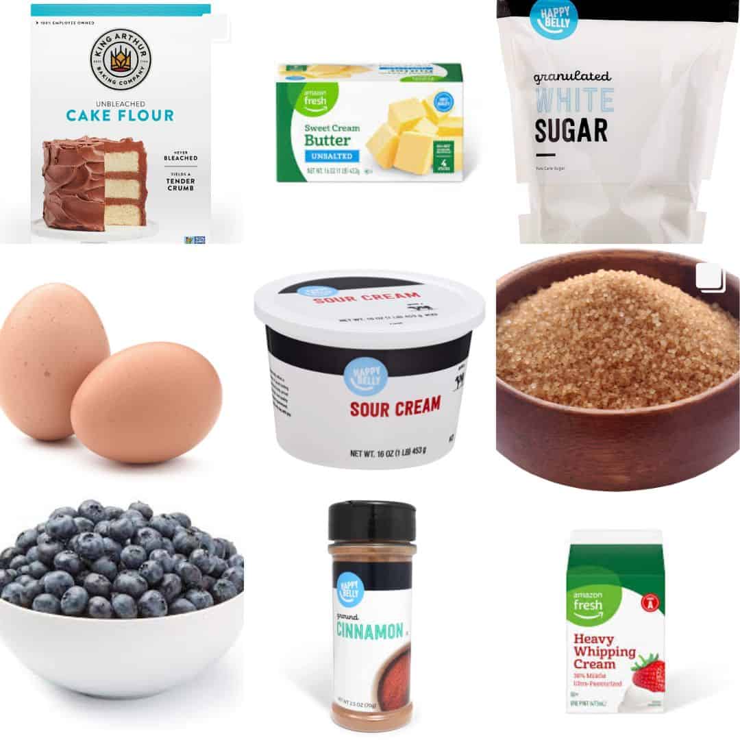 ingredients including cake flour, butter, sugar, eggs, sour cream, brown sugar, and blueberries.