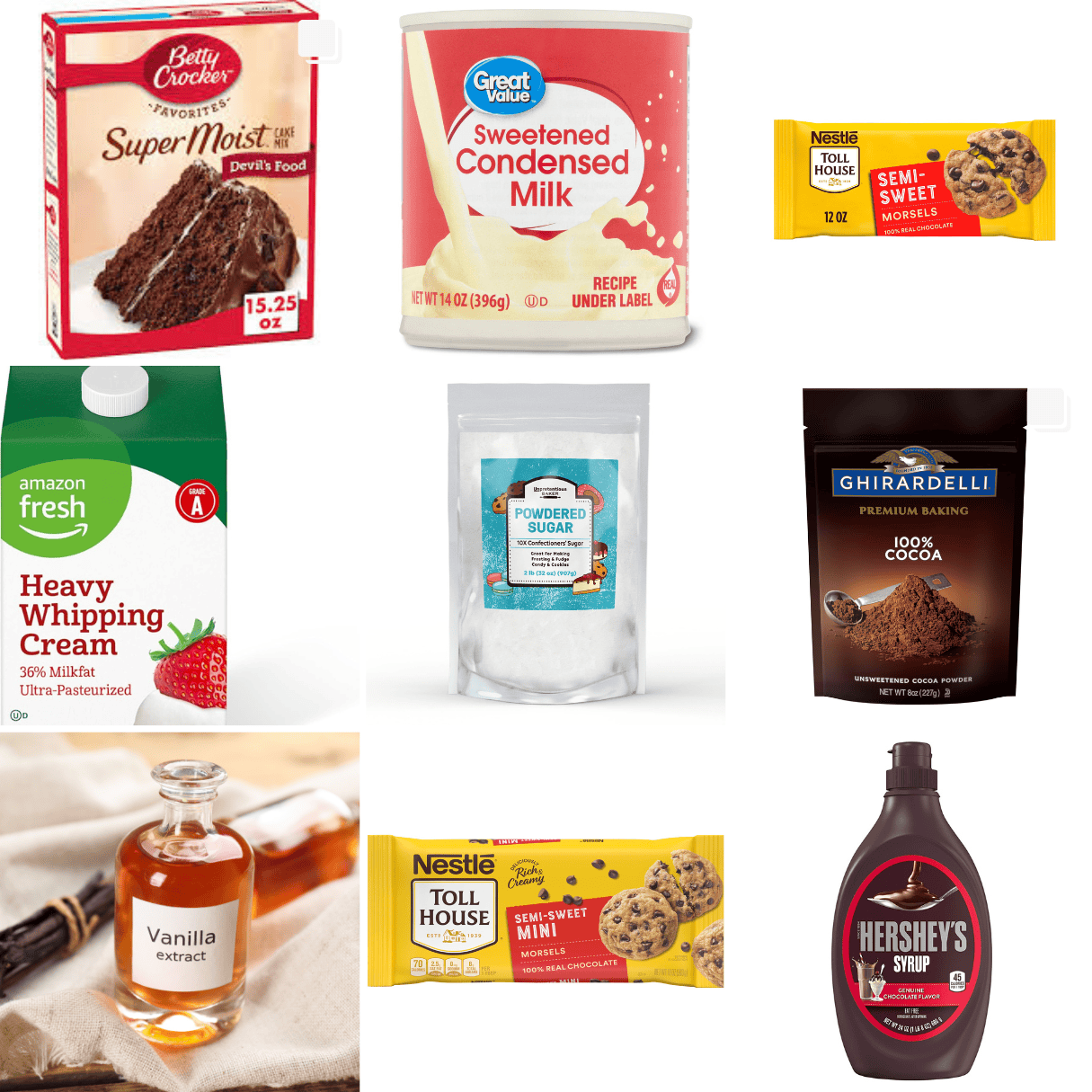 ingredients including chocolate cake mix, sweetened condensed milk, chocolate chips, cream, cocoa, and powdered sugar. 