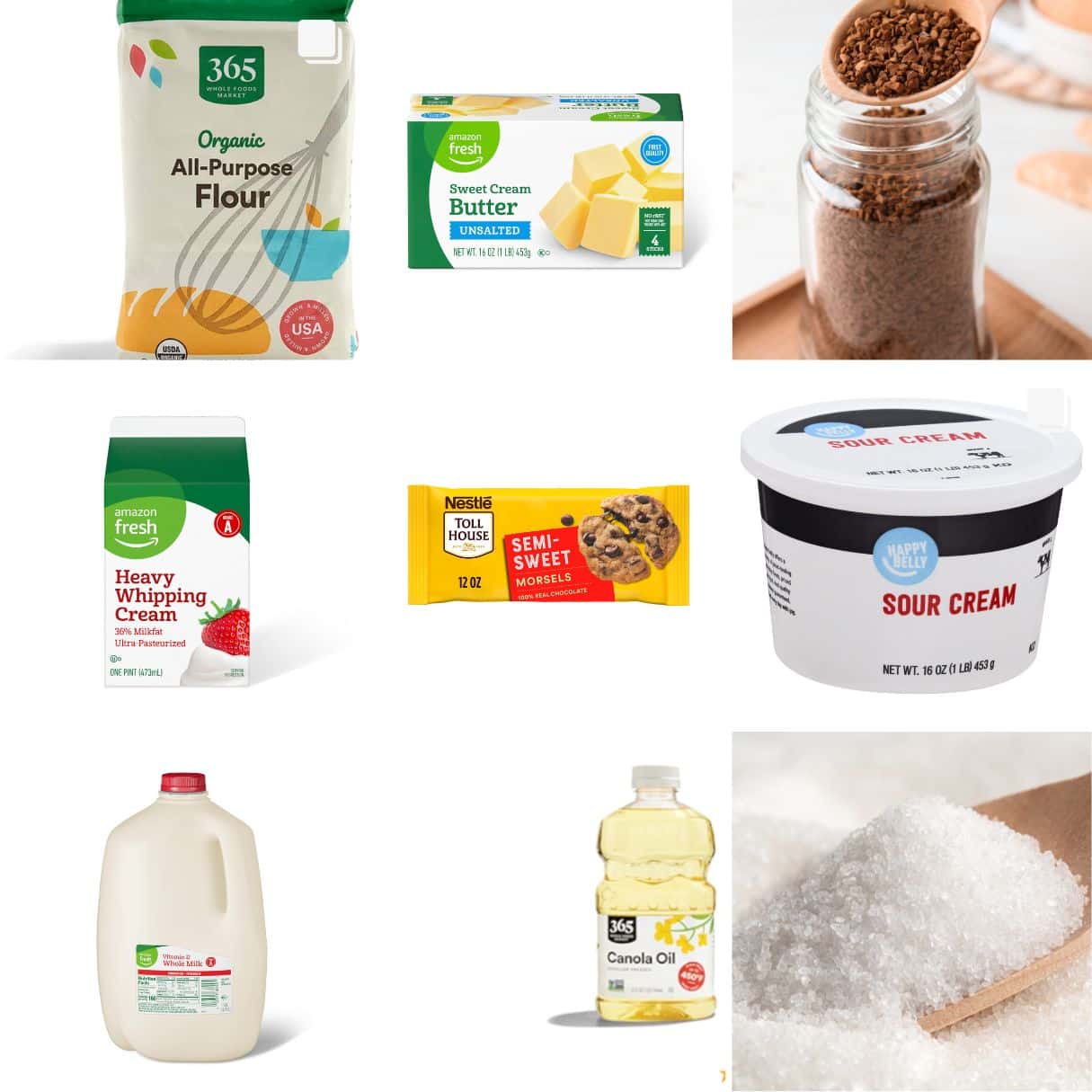 ingredients including flour, instant coffee, sour cream, sugar, and oil. 